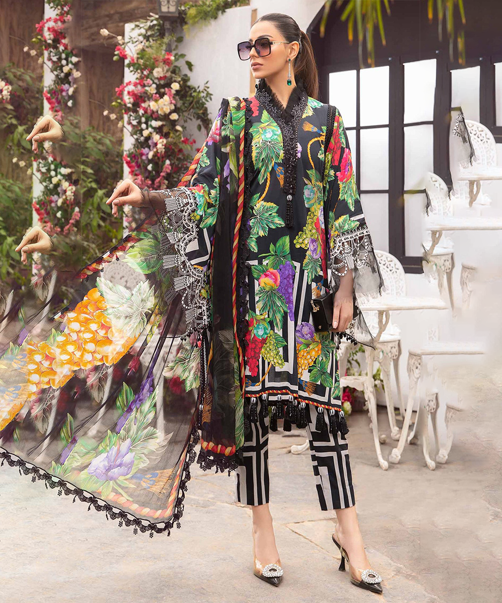 3PC-Printed Lawn Zarri Shirt With Voile Printed Dupatta-1523