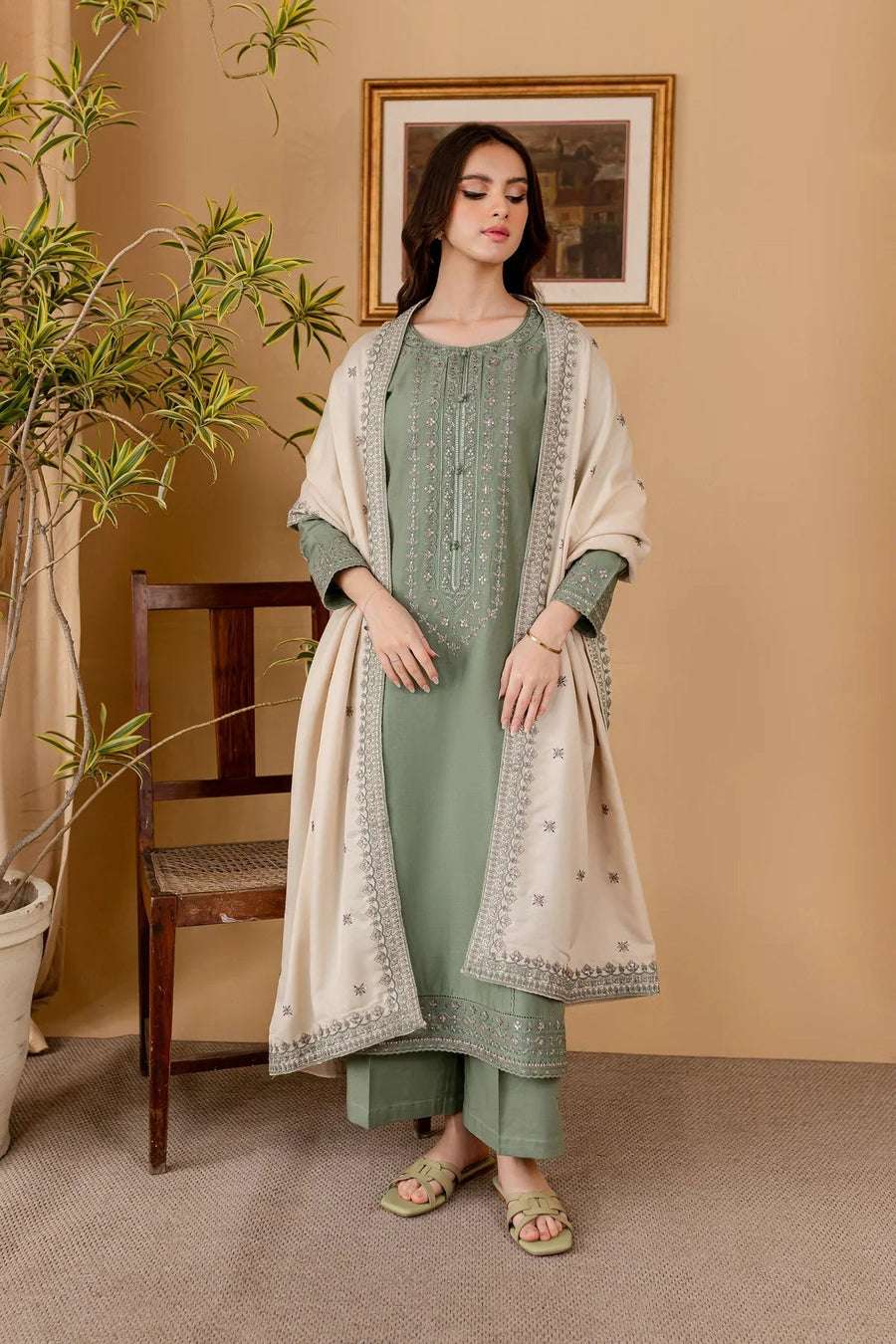 BATIK - 3PC LAWN EMBROIDERED SHIRT WITH LAWN EMBROIDERED SHAWL AND TROUSER - 1059