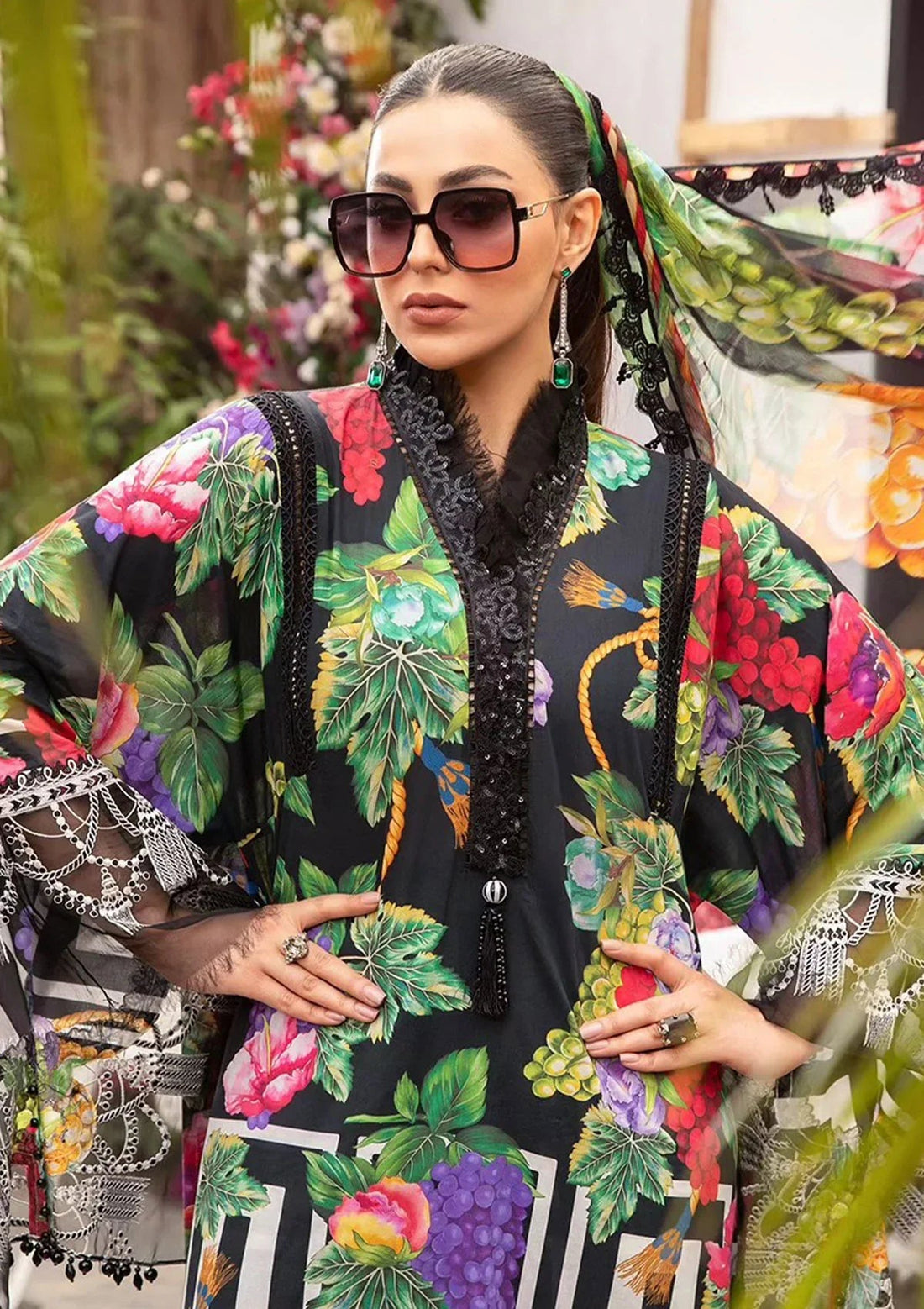 3PC-Printed Lawn Zarri Shirt With Voile Printed Dupatta-1523