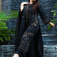 BLACK Lawn 3PC Embroidered Shirt with Organza Embroidered Dupatta- 1020