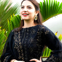 BLACK Lawn 3PC Embroidered Shirt with Organza Embroidered Dupatta- 1020