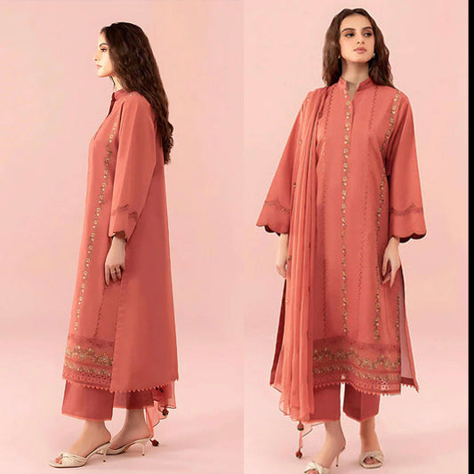 Sapphire Linen 3PC Embroidered With Chiffon Embroidered Dupatta-1319