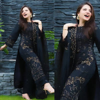 BLACK Lawn 3PC Embroidered Shirt with Organza Embroidered Dupatta- 1020