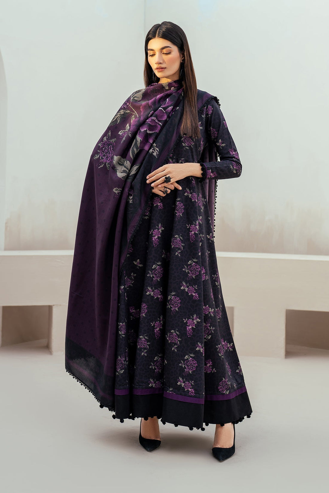 3PC-Printed Lawn Zarri Shirt With Voile Printed Dupatta-1518