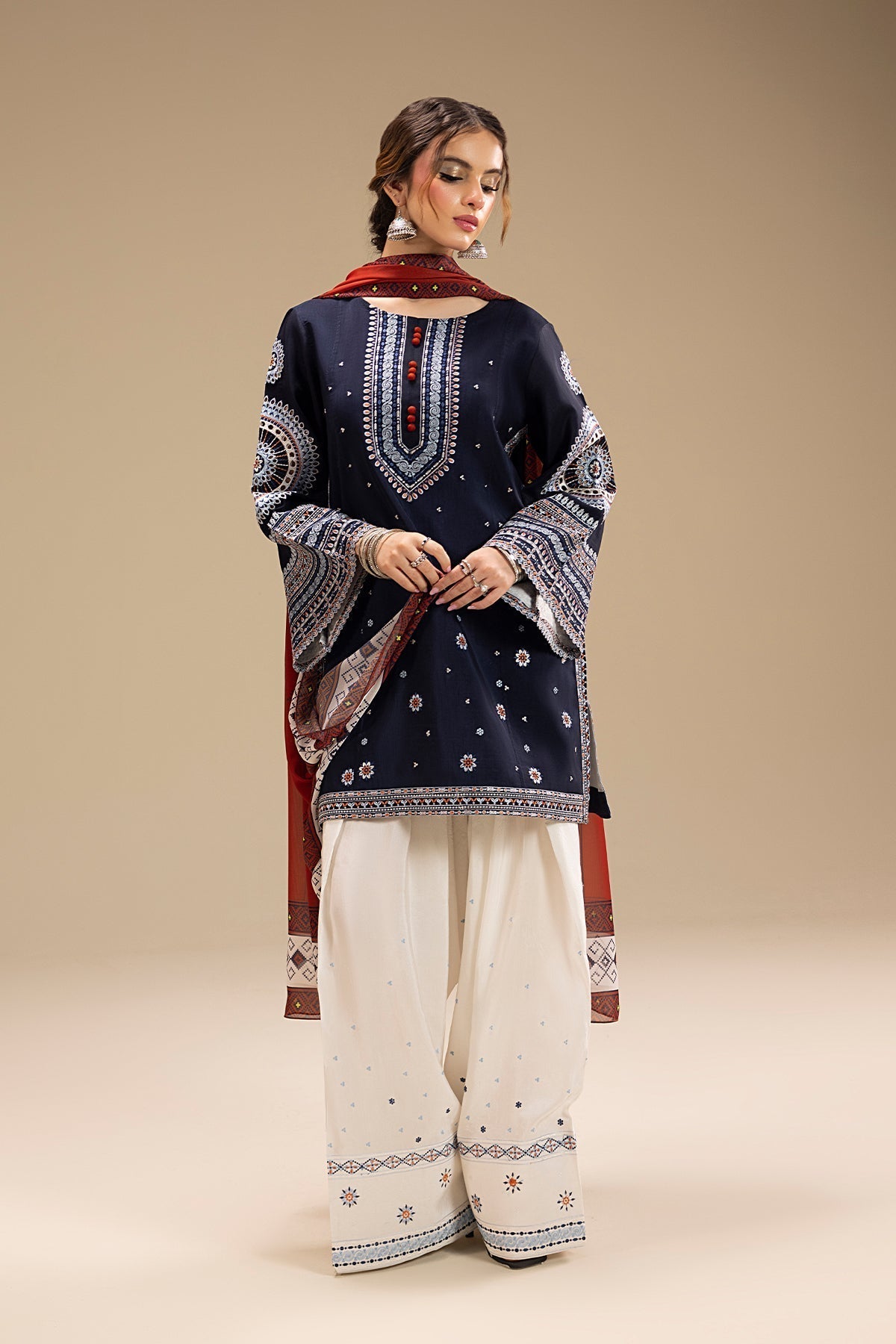 Dhanak-3PC Embroidered Shirt with Digital Printed Wool Shawl-3324