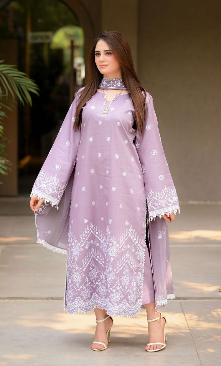 Dhanak-3PC Embroidered Shirt with Chiffon Embroidered Dupatta-3450