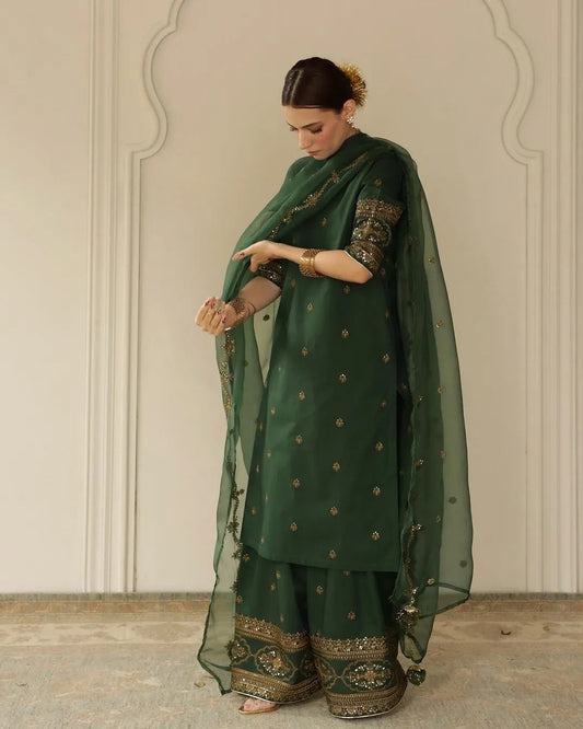 Dhanak-3PC Embroidered Shirt with Organza Sequence Embroidered Dupatta - 3444
