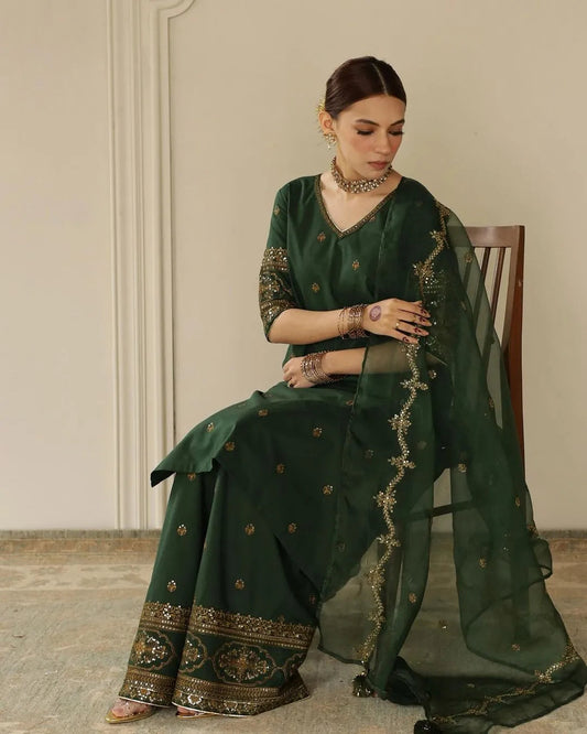 Dhanak-3PC Embroidered Shirt with Organza Sequence Embroidered Dupatta - 3444