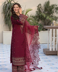 Dhanak-3PC Embroidered Shirt with Organza Embroidered Dupatta- 3285