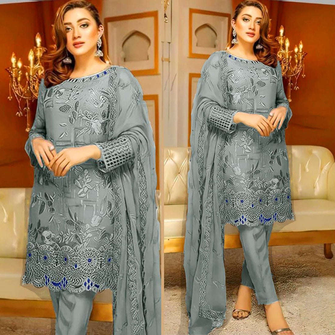 Lawn 3PC Embroidered Shirt with Chiffon Embroidered Dupatta-1037