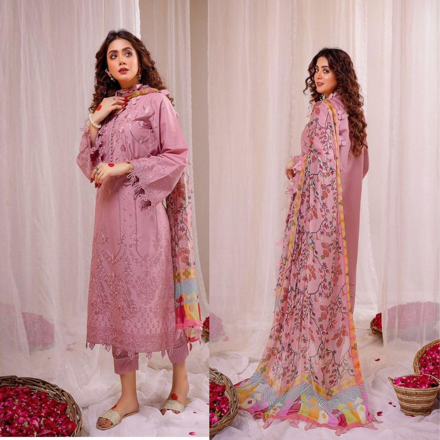 SAFWA Lawn 3PC Embroidered With Digital Printed Dupatta - 1041