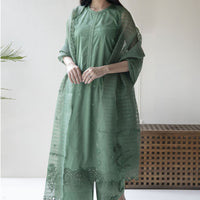 DYOT 3PC Lawn Embroidered Shirt With Organza Embroidered Dupatta- 1057