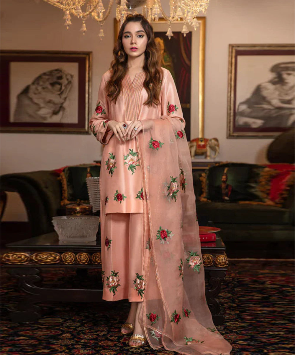 Silk 3PC Embroidered With Organza Embroidered Dupatta-1314