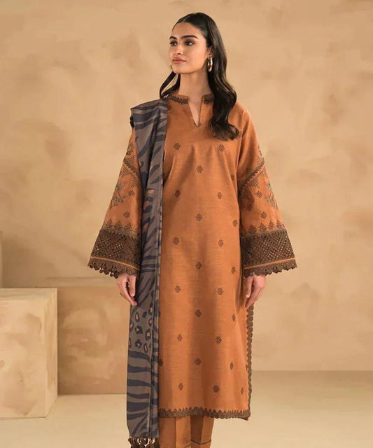 3PC Dhanak Embroidered suit with Digital Printed Wool Shawl-1313
